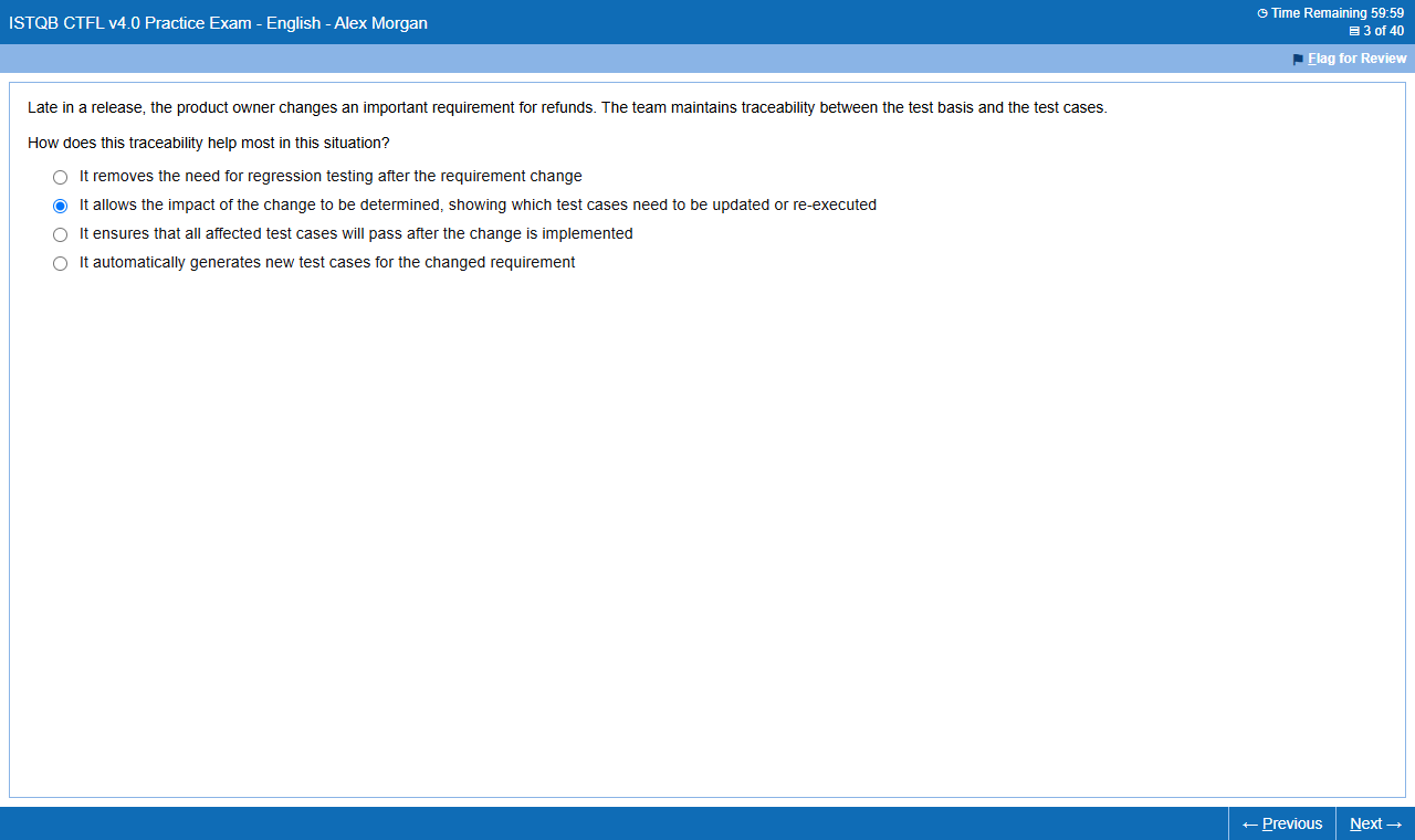 A simul8R practice question on the Pearson VUE-style exam screen, with the time remaining, question count and Flag for Review